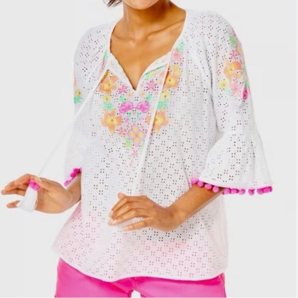 NWT $168 Lilly Pulitzer Embroidered Top Resort White Ditsy Cross Eyelet XL